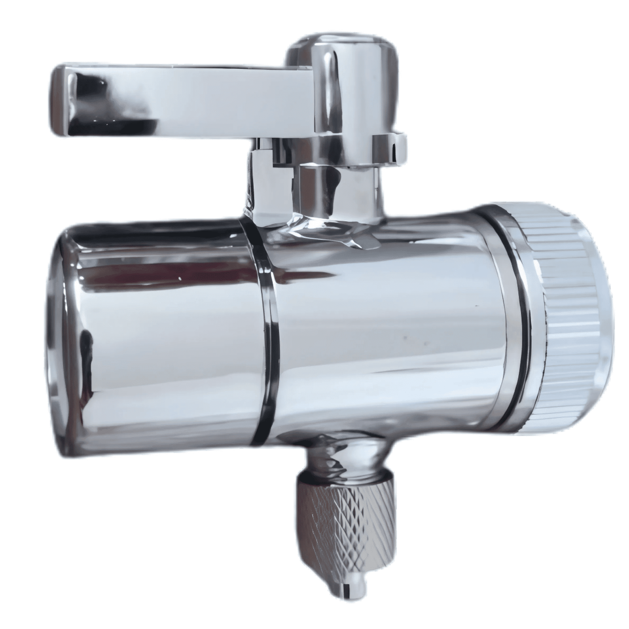 Ein glänzender, silberfarbener Universaladapter für Wasserzufuhr, Hebelgriff oben, gerändelte Verschraubung seitlich.