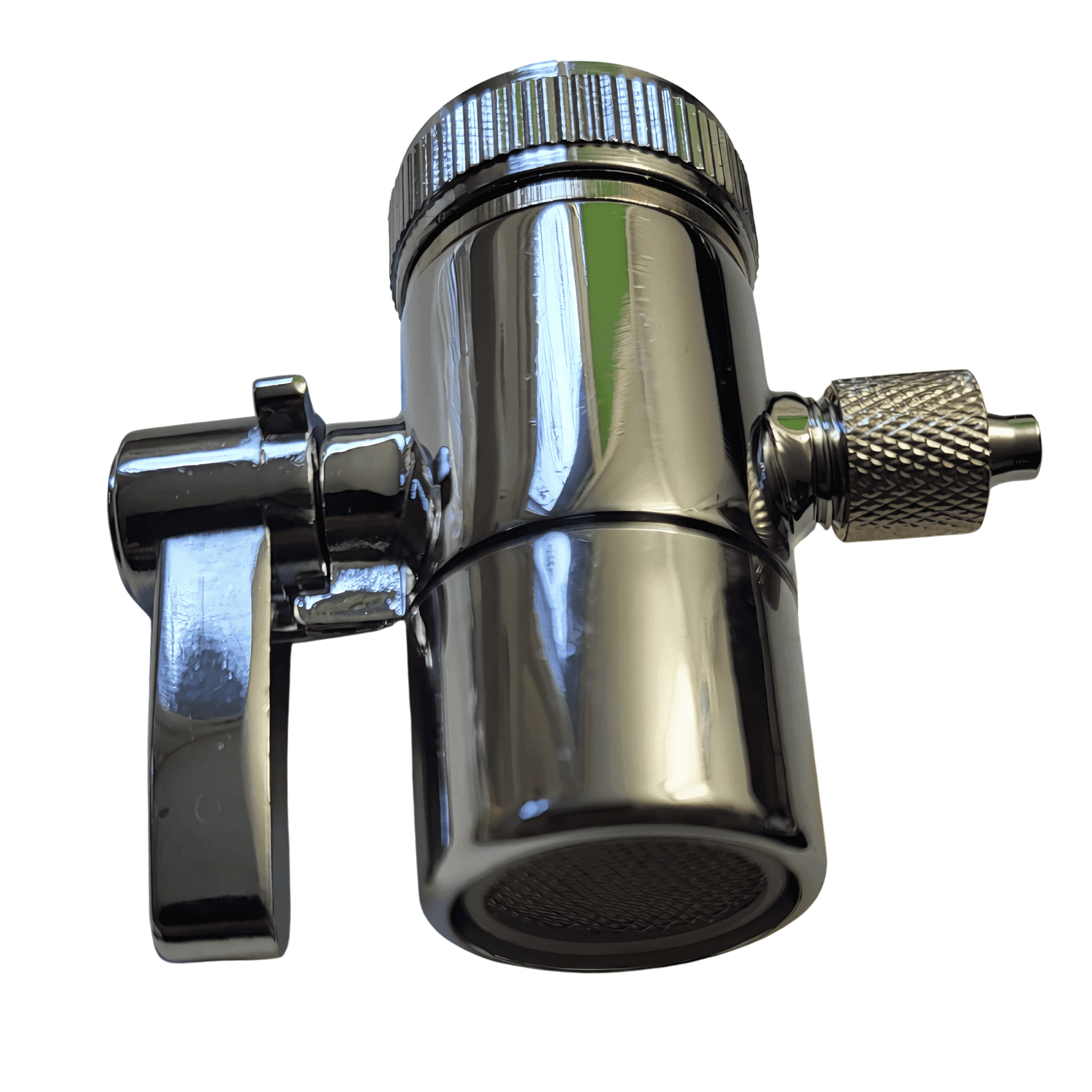 Ein verchromter Universaladapter für Wasserzufuhr, mit Hebelgriff, Gewindeanschluss und seitlichem Ventil aus Metall.