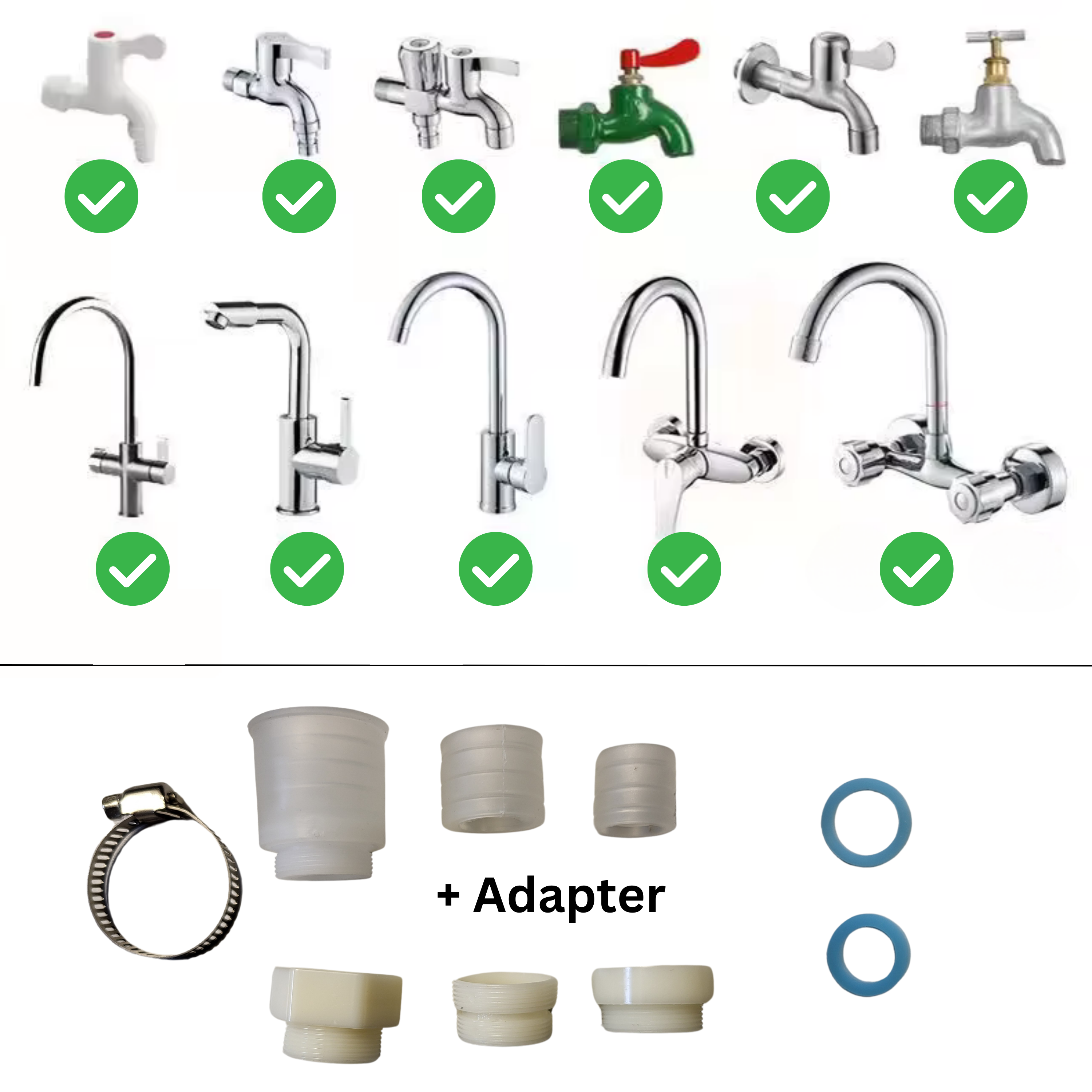 Die obere Bildhälfte zeigt verschiedene Wasserhähne mit grünen Häkchen darunter, darunter moderne, klassische und Gartenhähne. Darunter sind Adapter, Dichtungsringe und eine Schlauchschelle zu sehen.