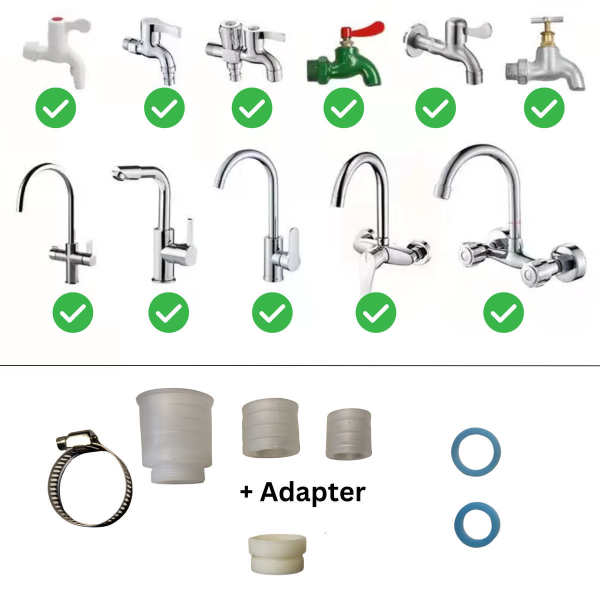Die obere Bildhälfte zeigt verschiedene Wasserhähne mit grünen Häkchen darunter, darunter moderne, klassische und Gartenhähne. Darunter sind Adapter, Dichtungsringe und eine Schlauchschelle zu sehen.