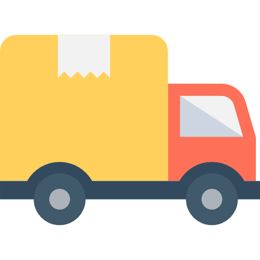 Eine stilisierte Lieferwagen-Illustration mit gelbem Laderaum, rotem Fahrerhaus, zwei grauen Rädern und weißer Paketklappe.