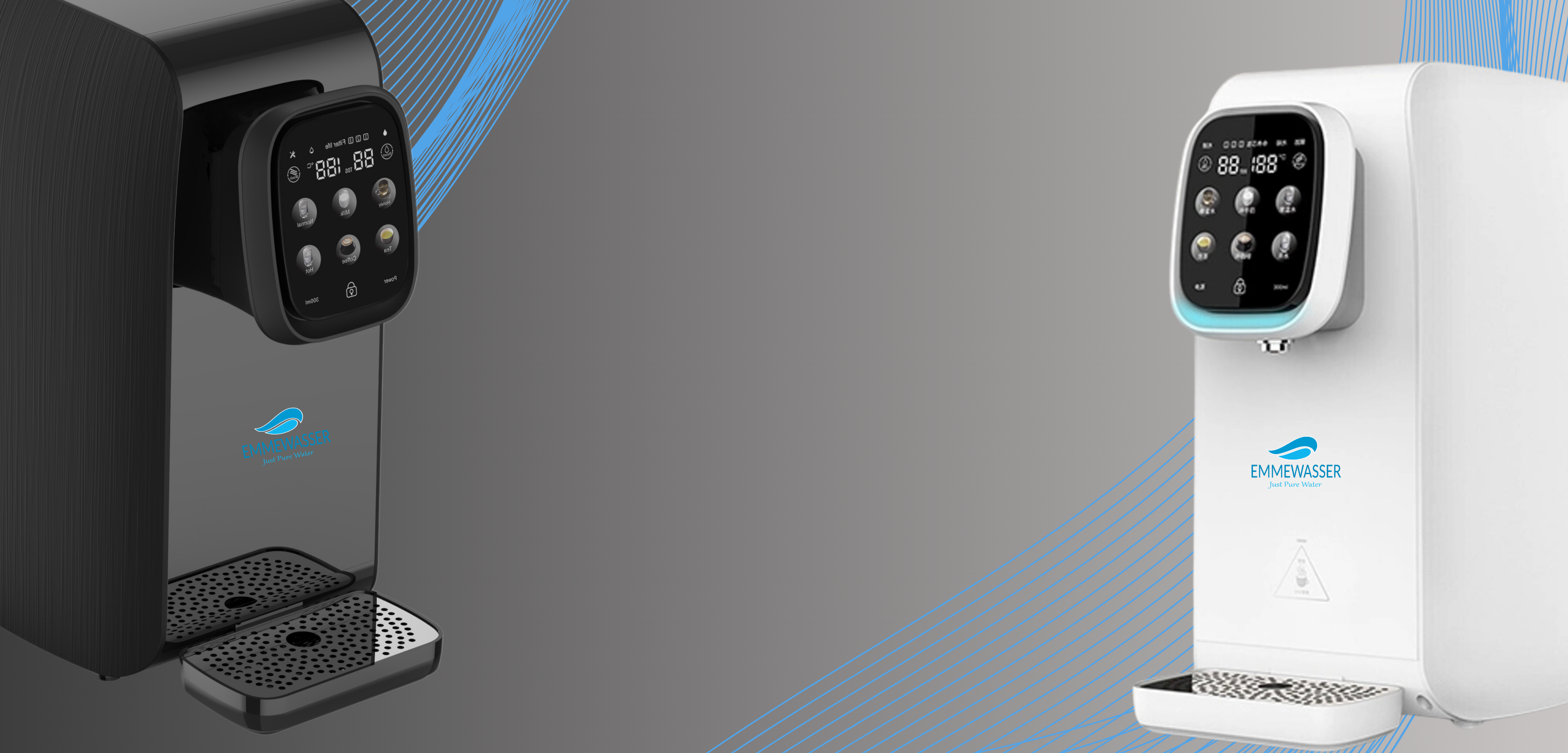 Zwei moderne Wasserspender der Marke EMMEWASSER in Schwarz und Weiß mit digitalem Bedienfeld und Tropfschale auf grauem Hintergrund.