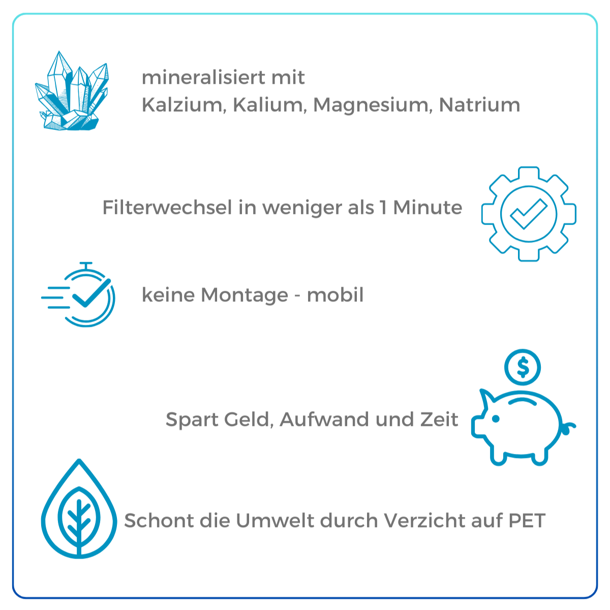 Oben links sind Kristalle, oben rechts ein Zahnrad mit Häkchen, unten links ein Blatt, unten rechts ein Sparschwein mit Münze. Text zu Vorteilen wie Mineralisierung, schneller Filterwechsel, mobil, spart Geld und schont Umwelt.
