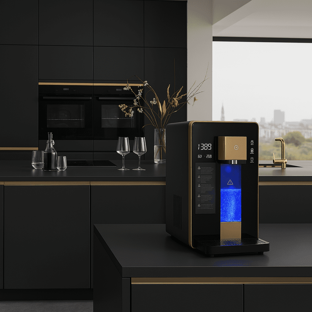 Eine schwarze Auftisch Osmoseanlage HydroBliss mit Display und Wasserhahn steht auf einer modernen Küchenarbeitsplatte.