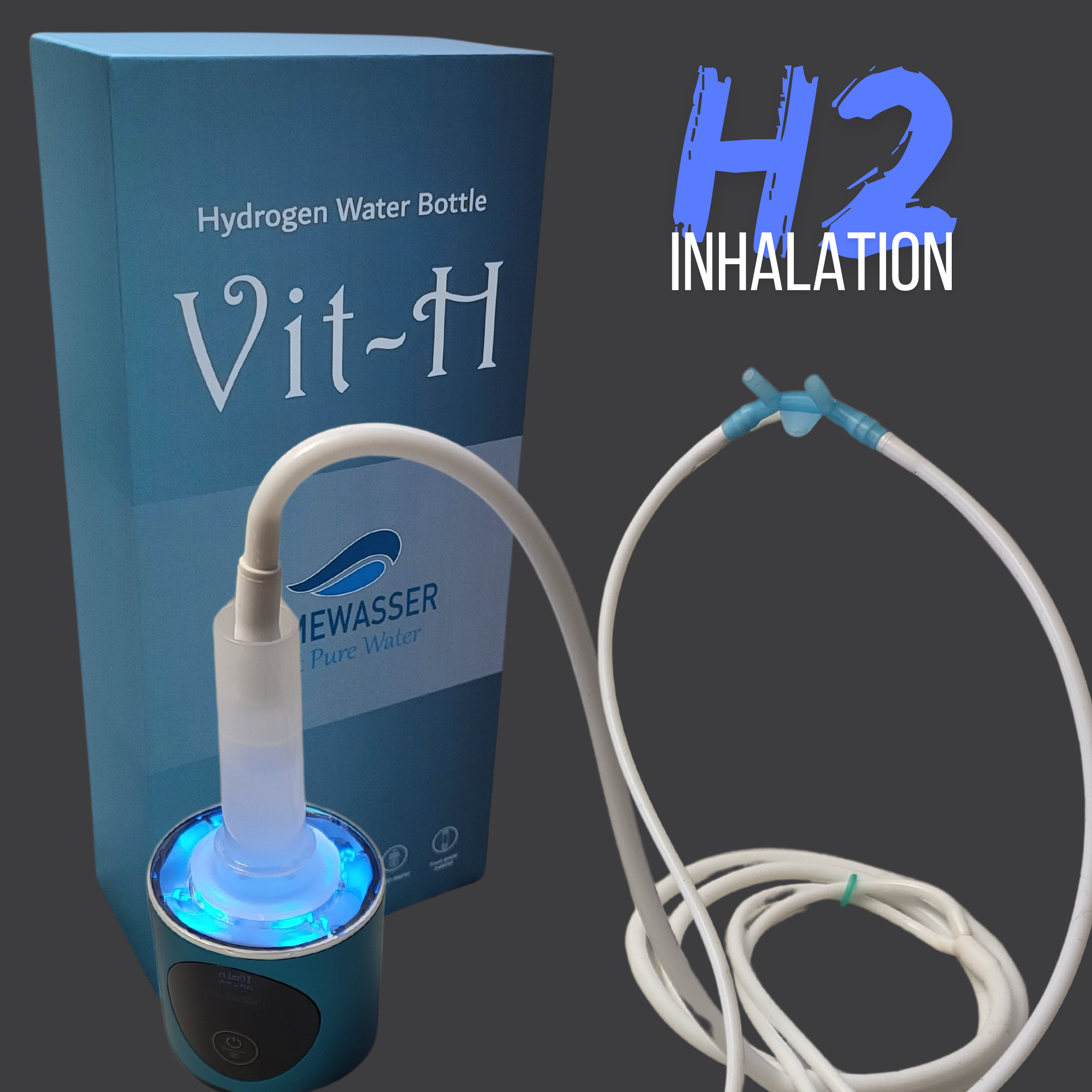 Ein blaues Vit-H Hydrogen Water Bottle Ersatzteilset mit Schlauch, Adapter, Inhalationszubehör und leuchtender Basisstation.