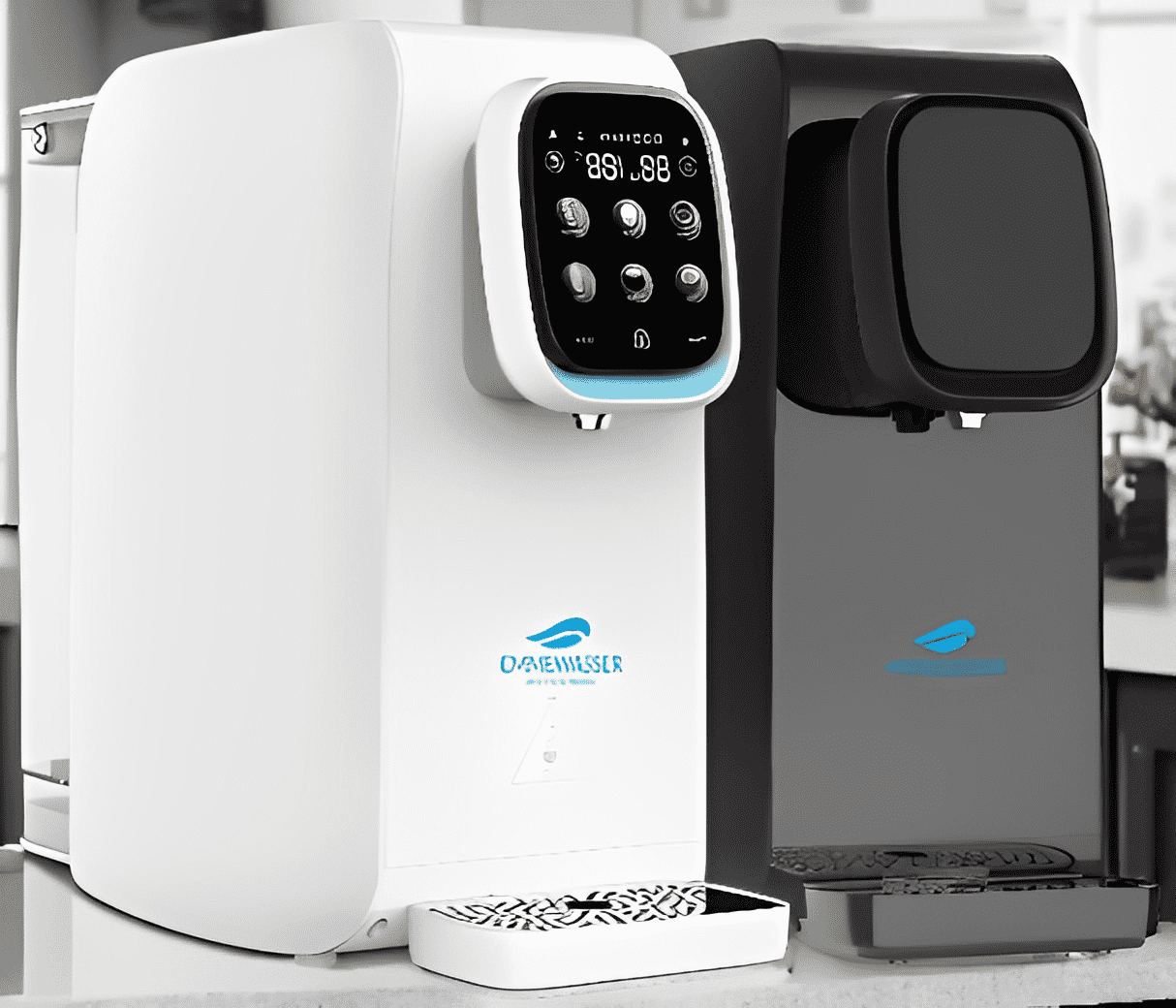 Zwei moderne Wasserspender in Weiß und Schwarz mit digitalen Bedienelementen und blauem Logo auf einer Küchenarbeitsplatte.