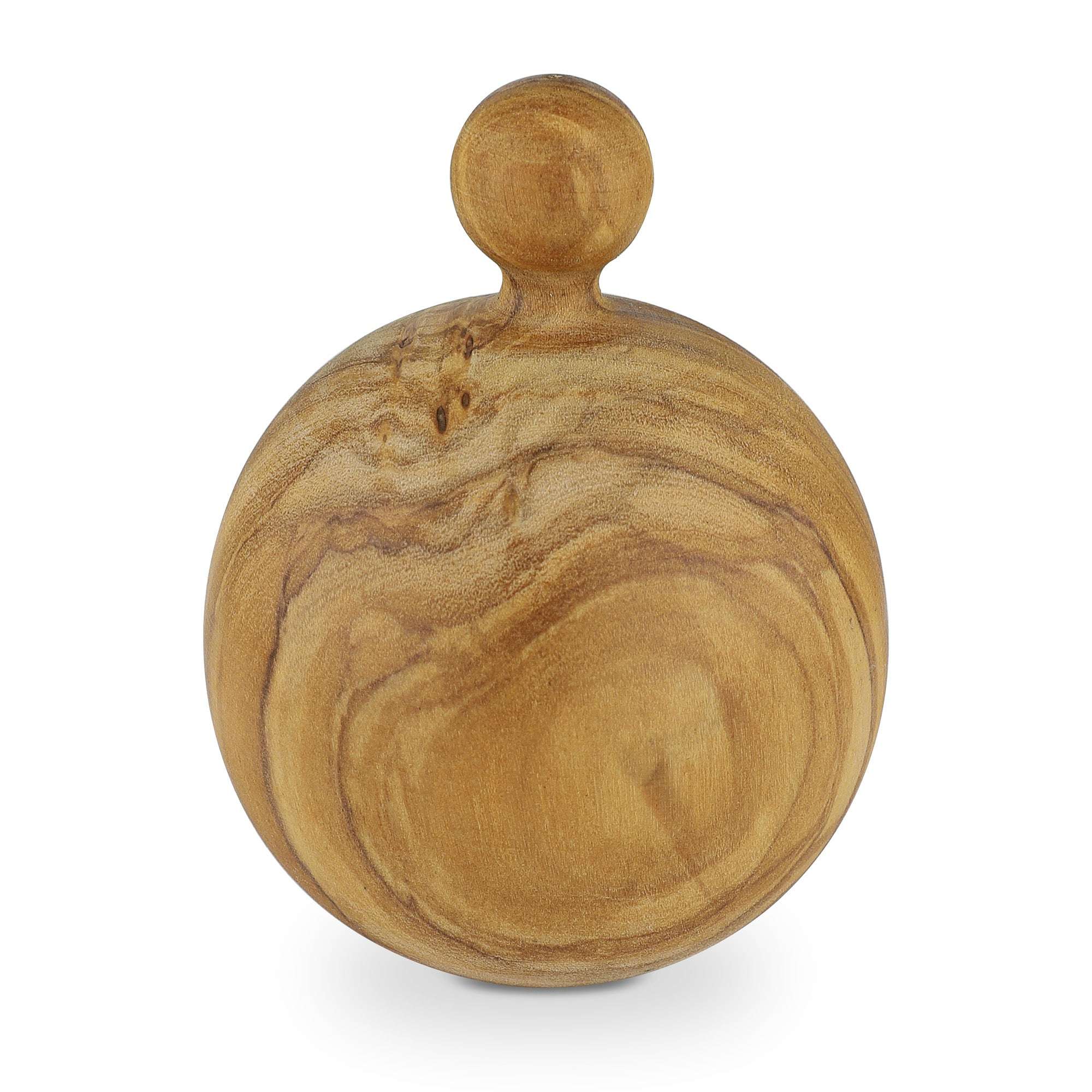 Auf dem Bild ist ein runder Ersatzdeckel aus hellem Holz mit markanter Maserung zu sehen, oben mit einem Kugelgriff versehen.