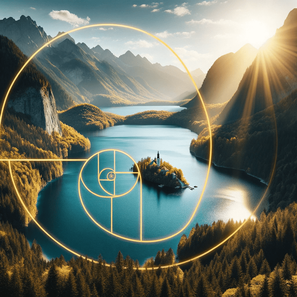 Eine malerische Seelandschaft mit Bergen im Hintergrund, goldenem Sonnenlicht, Insel mit Kirche und überlagertem Fibonacci-Spiralmuster.