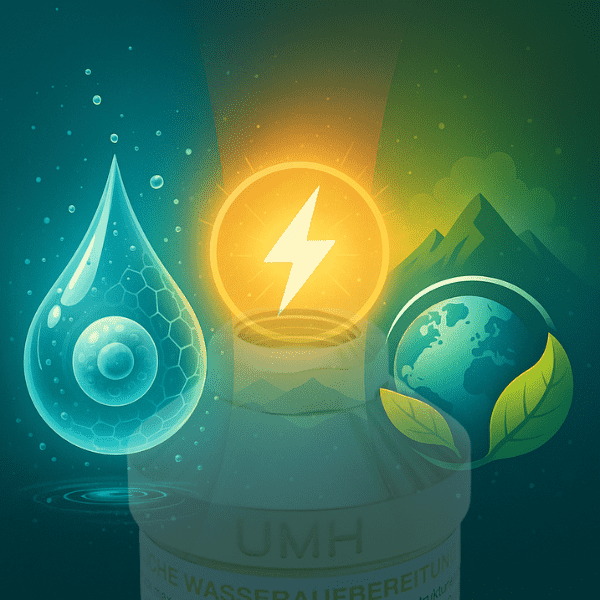 Das Bild zeigt einen stilisierten Wassertropfen mit hexagonalem Muster links, ein leuchtendes Energie-Symbol in der Mitte und eine Erdkugel mit grünen Blättern sowie Bergen rechts auf blau-grünem Hintergrund.