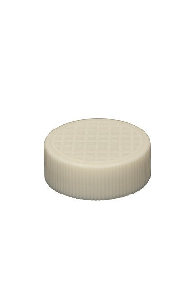 Ein cremefarbener, runder Bio-Deckel mit geriffeltem Rand und strukturierter Oberfläche für Trinkflaschen 0.5 L und 0.7 L.
