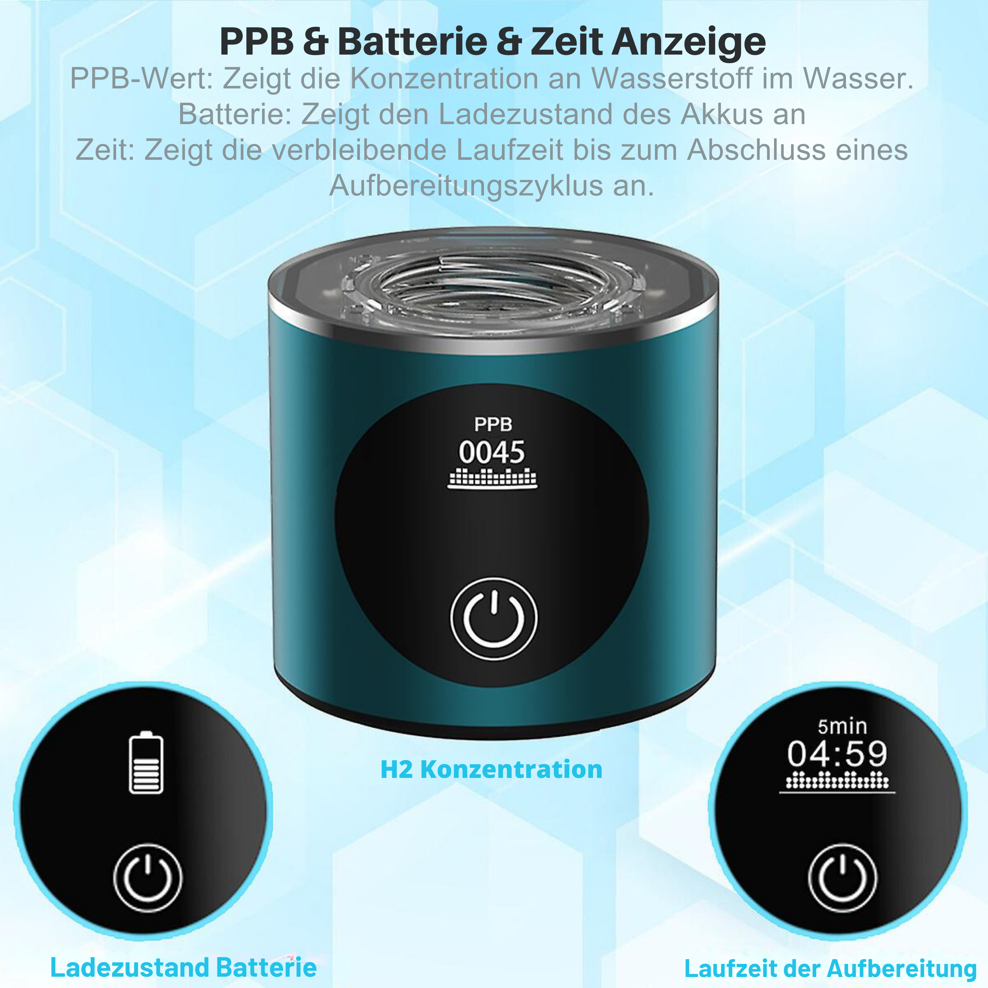 Zylindrisches, blau-schwarzes Ersatzteil für Vit-H mit Digitalanzeige für PPB-Wert, Batterie- und Zeitstatus auf der Vorderseite.