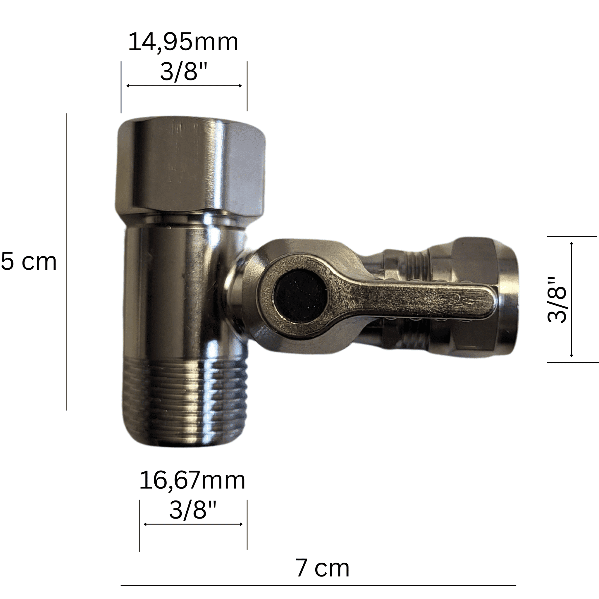 Ein Edelstahl Absperrhahn mit T-Stück und Schraubverschluss, 3/8 Zoll Gewinde, seitlicher Hebelgriff, Maßangaben sichtbar.
