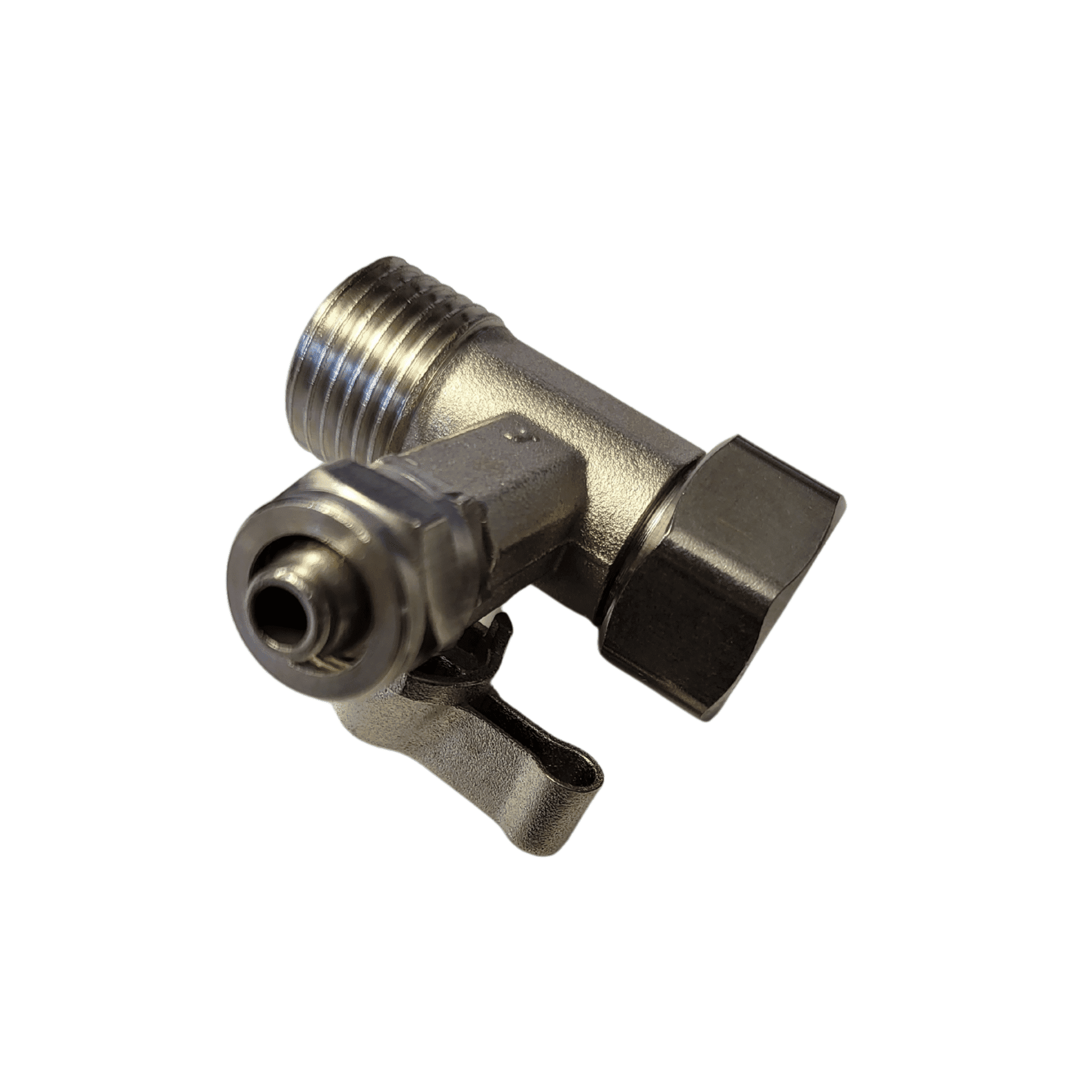 Ein silbernes Metall-T-Stück Absperrventil Adapter mit Schraubverschluss, zwei Außengewinden und einem Hebelgriff.