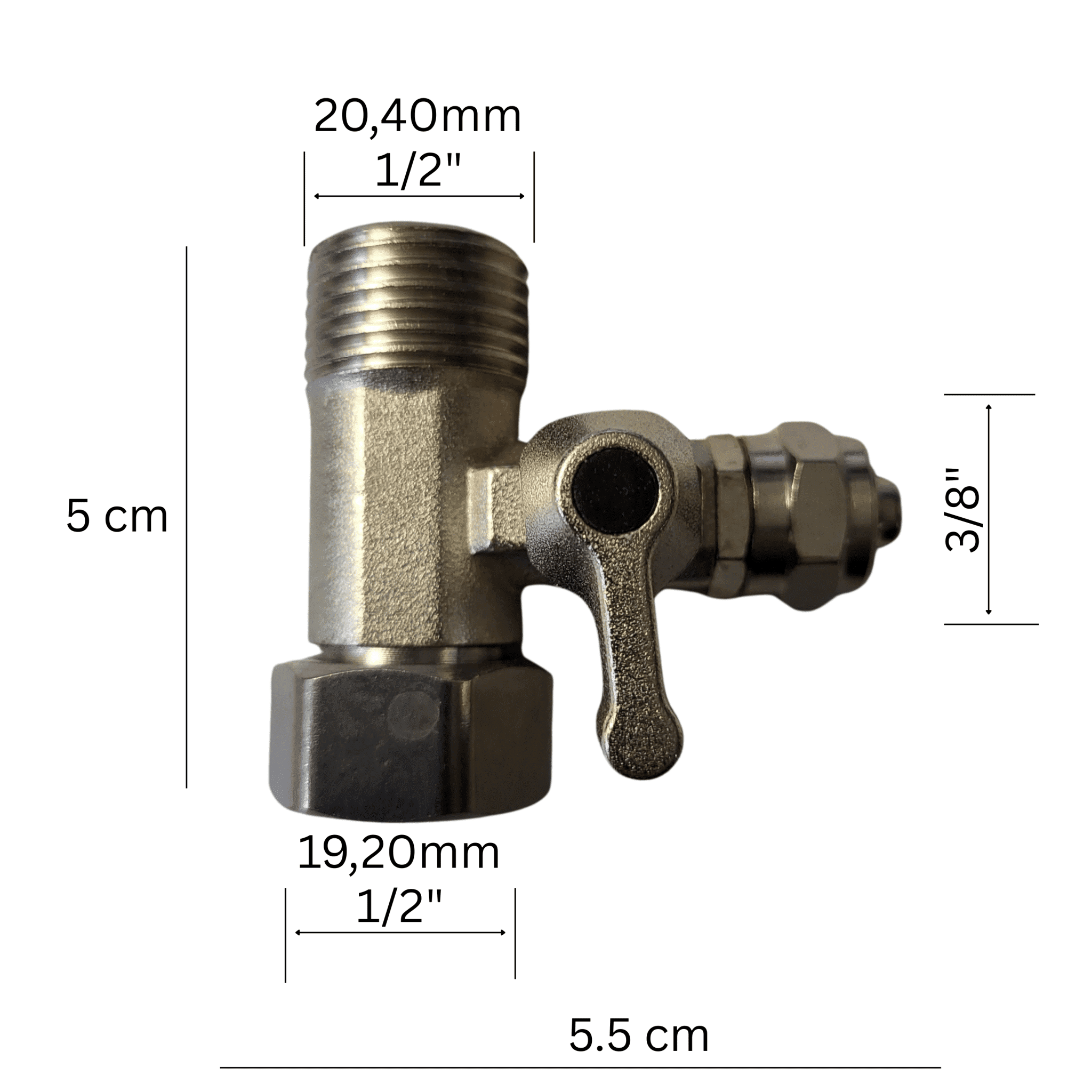 Das Bild zeigt ein metallisches Absperrventil T-Stück mit Schraubverschluss, Grifflasche und drei Anschlüssen in den Größen 1/2" (20,40 mm), 1/2" (19,20 mm) und 3/8". Das Bauteil ist ca. 5 cm hoch und 5,5 cm breit. Alle Anschlüsse sind deutlich mit Größenangaben versehen.