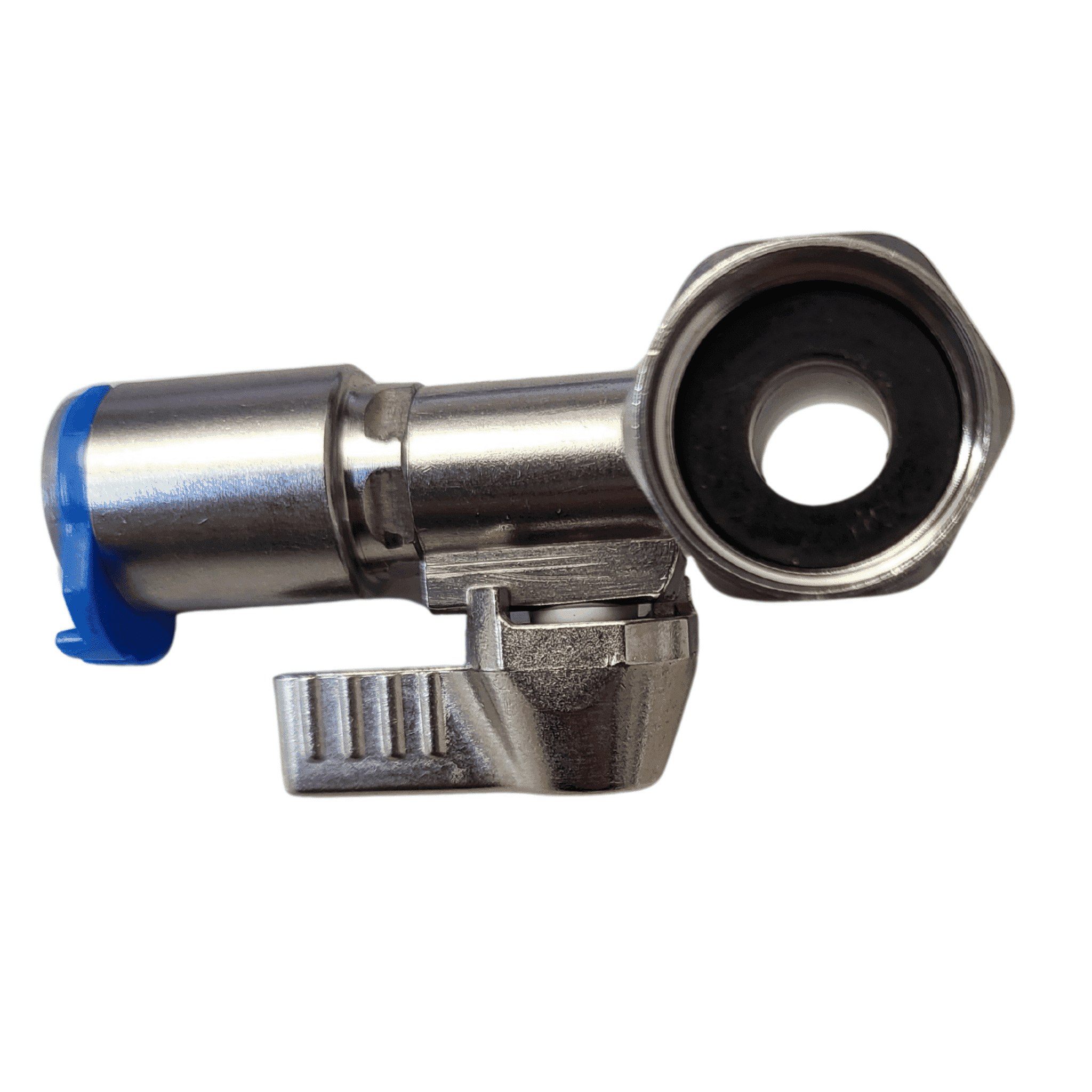 Ein Edelstahl Absperrhahn mit T-Stück-Design, drei Anschlüssen 3/8", Hebelgriff unten und blauen Kunststoffclip am Ende.
