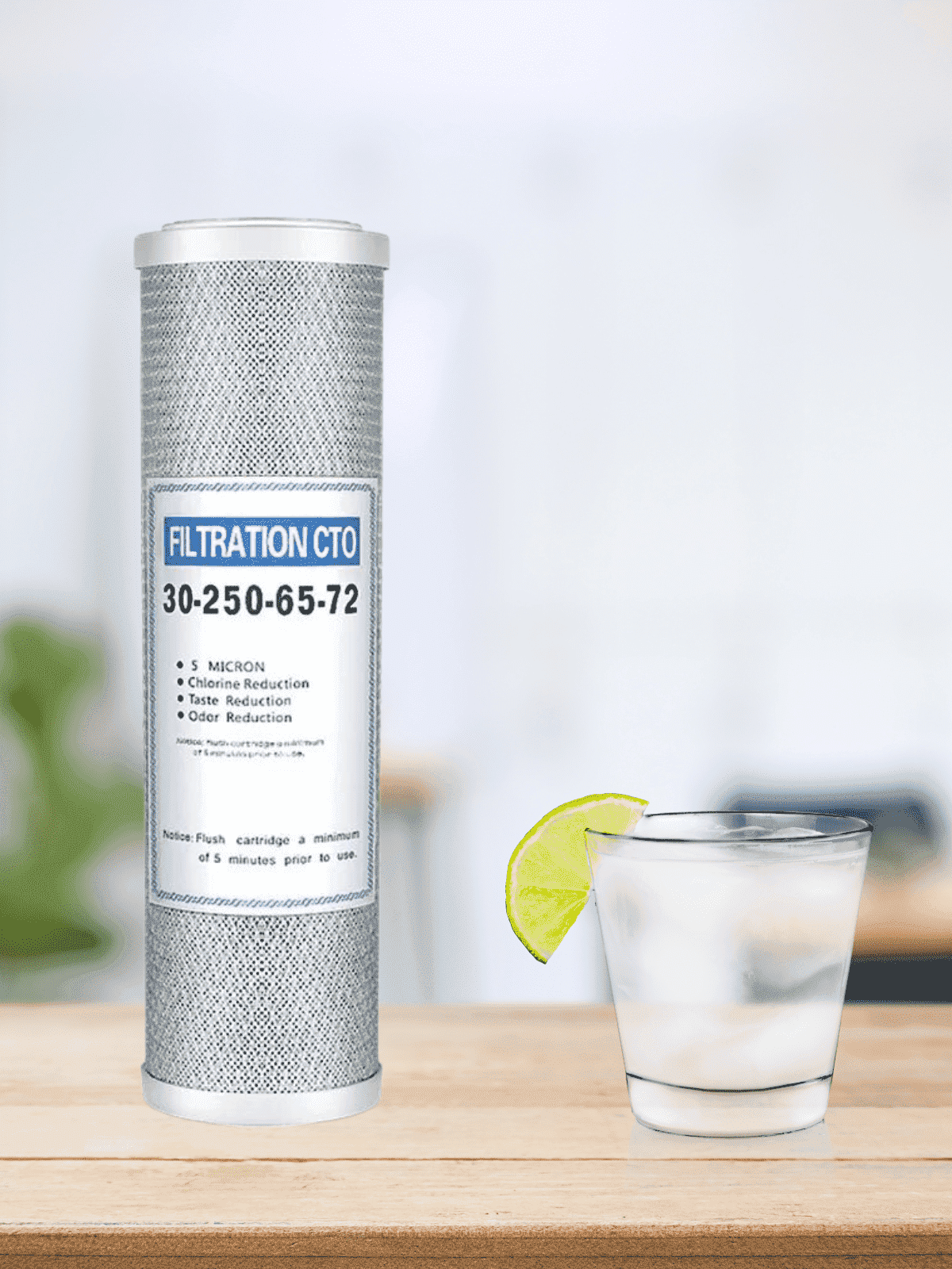 Ein zylindrischer Wasserfilterkartusche mit silbernem Netzgewebe und Beschriftung „FILTRATION CTO“ steht neben einem Glas mit Eiswasser und Limettenscheibe.