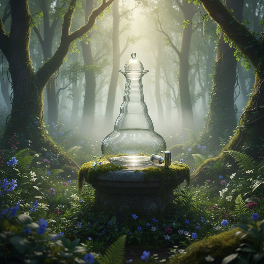 Eine große, durchsichtige Glas-Karaffe in elegant geschwungener Form mit Deckel und silbernem Auslaufhahn am unteren Rand.