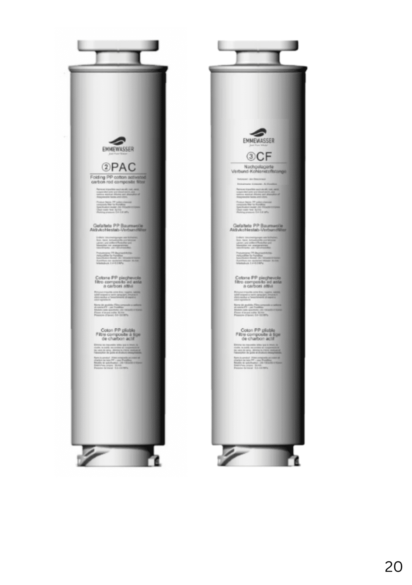 Zwei zylindrische Wasserfilterpatronen, eine beschriftet mit PAC und die andere mit CF, beide mit ausführlichem Text und Logos.