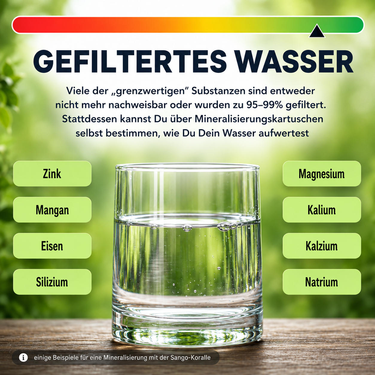 Ein Glas gefiltertes Wasser mit Bläschen steht auf einem Holztisch, umgeben von Listen verschiedener Mineralien vor grünem Hintergrund.
