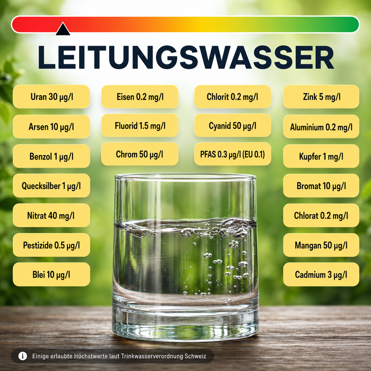 Mittig steht ein Glas mit klarem Leitungswasser auf einem Holztisch, umgeben von Listen verschiedener erlaubter Stoffwerte in gelben Feldern.