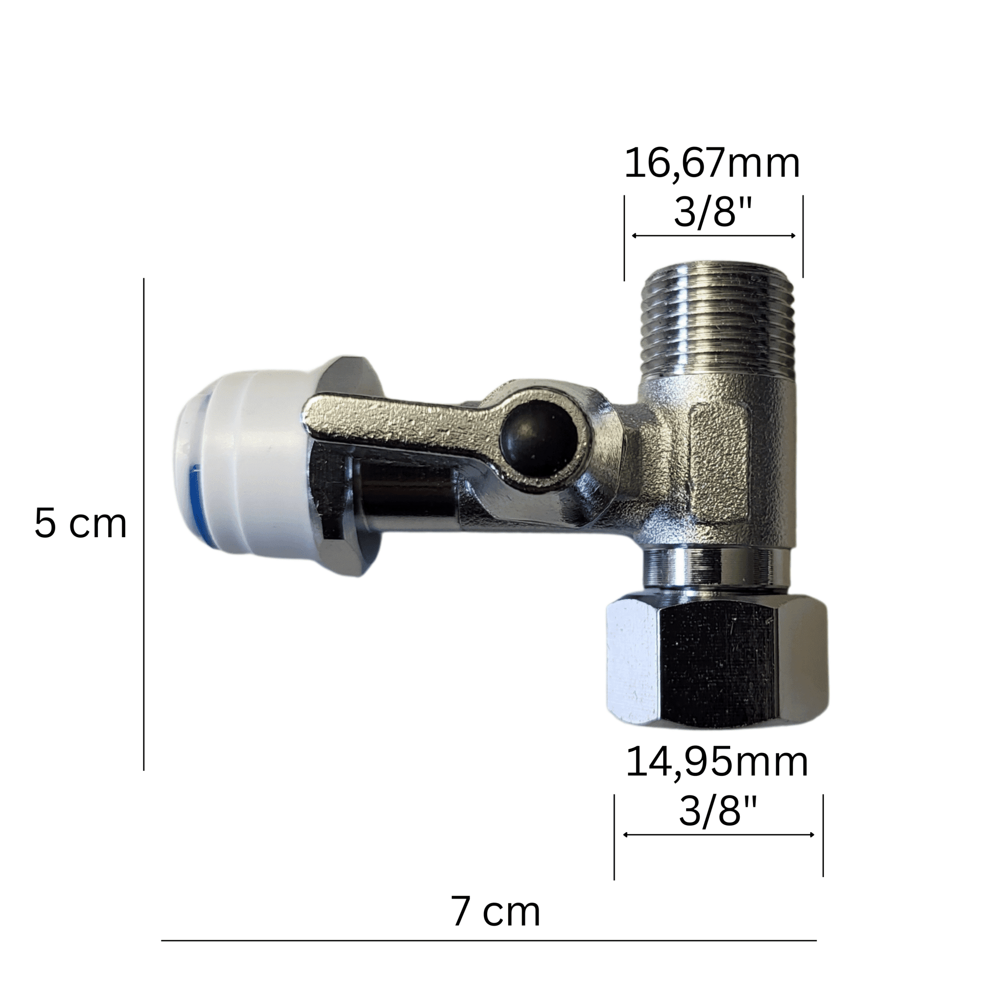 Das Bild zeigt ein metallisches Absperrventil T-Stück mit drei Anschlüssen, davon zwei 3/8" Gewinde und ein weißer QC-Schlauchanschluss. Daneben sind Maße von 5 cm Höhe, 7 cm Breite, sowie die Anschlussdurchmesser 16,67 mm und 14,95 mm als 3/8" markiert. Das Ventil hat einen Hebelgriff, ein Außengewinde oben, ein Innengewinde unten und links einen weißen Steckanschluss.