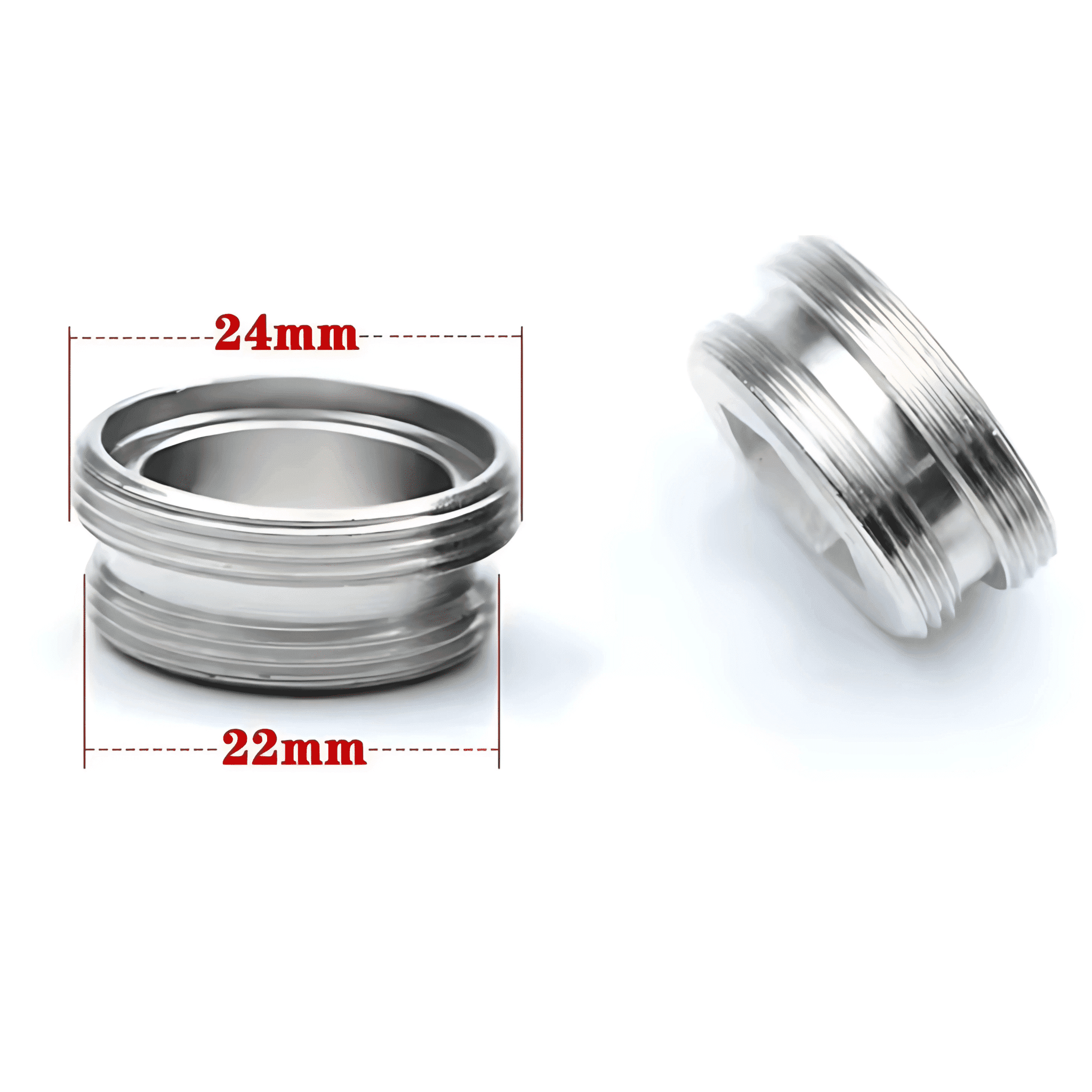 Zwei silberne Universaladapter mit Gewinde, einer frontal mit Durchmessern 24mm und 22mm, einer schräg liegend auf weißem Hintergrund.