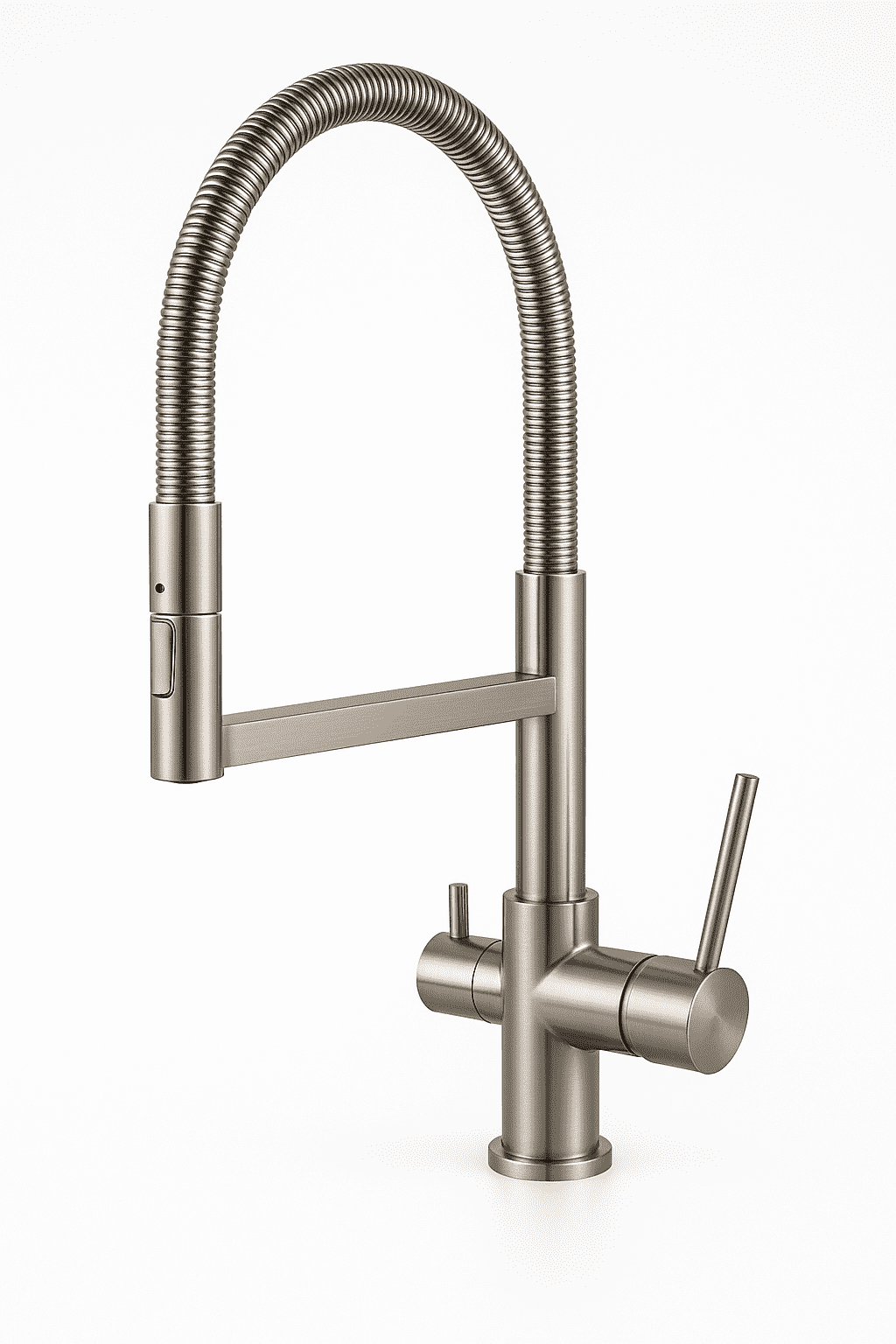 Eine moderne Küchenarmatur aus Edelstahl, Modell 3Flow S1, mit flexiblem Brauseschlauch und zwei schlanken Bedienhebeln.