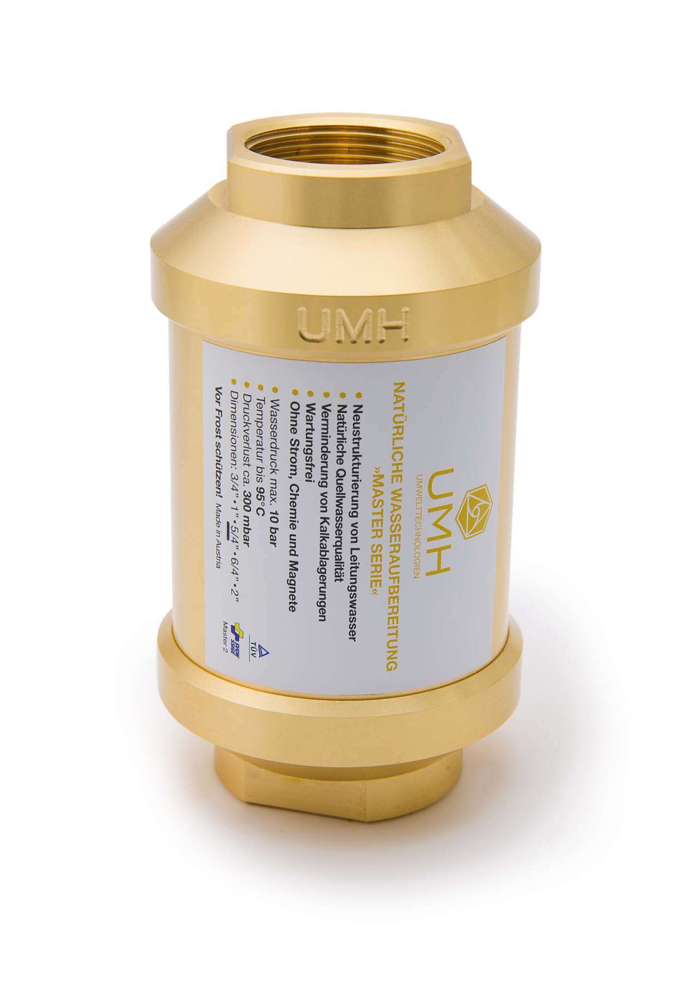 Das Bild zeigt ein zylinderförmiges Bauteil aus goldenem Metall, vermutlich Messing, mit einem Gewindeanschluss an beiden Enden. Auf dem Gehäuse sind der Schriftzug „UMH“ und ein weißes Etikett mit Produktinformationen und technischen Angaben zu sehen. Die Beschriftung enthält Stichpunkte zu Funktionen, technischen Details und ist teils in Gelb hervorgehoben. Das Bauteil steht auf einer weißen, glatten Oberfläche und wirkt massiv und edel verarbeitet.