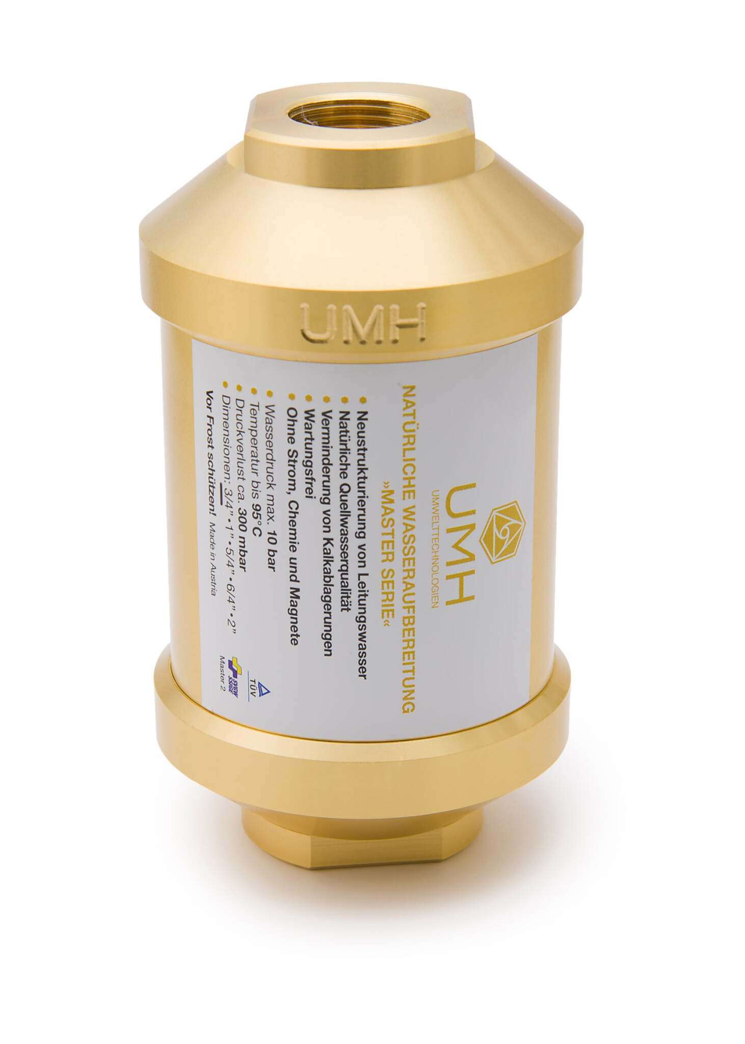 Ein zylinderförmiges, goldenes Metallgerät mit sechseckigen Enden, Aufschrift "UMH" und Etikett für Wasseraufbereitung.