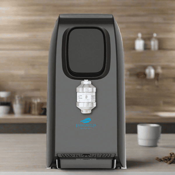 Ein grauer Wasserfilter oder Wasserenergetisierer mit zylindrischem Filtereinsatz vorne, steht auf einer Küchenarbeitsplatte. Im Hintergrund Regale, Tassen und Gläser.